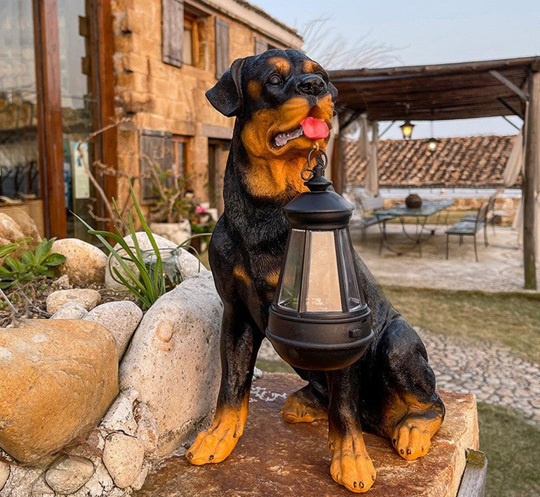 Estátua de Cão Solar com Lanterna LED – Decoração e Luz