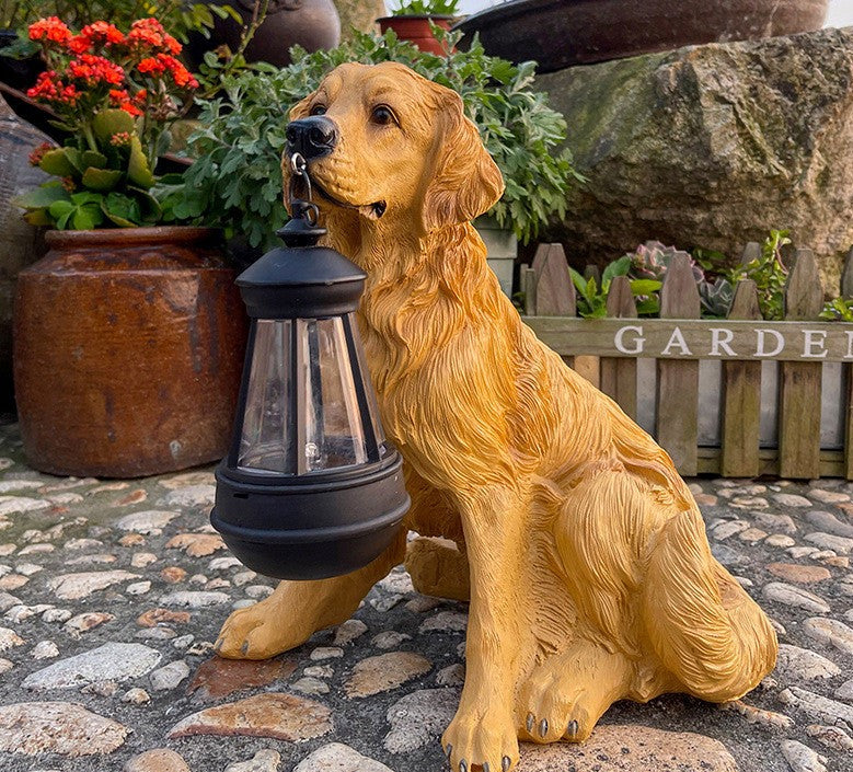 Estátua de Cão Solar com Lanterna LED – Decoração e Luz